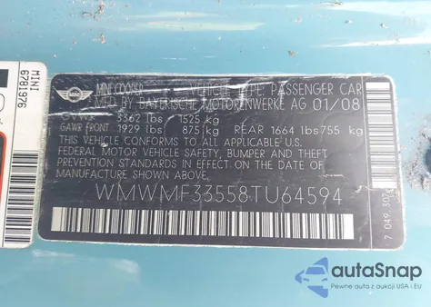 2008 Mini Cooper from USA, damaged, VIN WMWMF33558TU64594